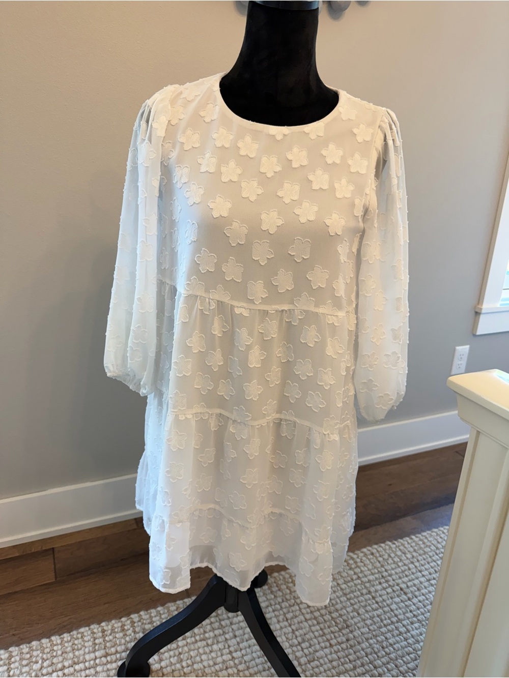 Show Me Your MuMu White Floral Appliqué Long Sleeve Tiered Dress